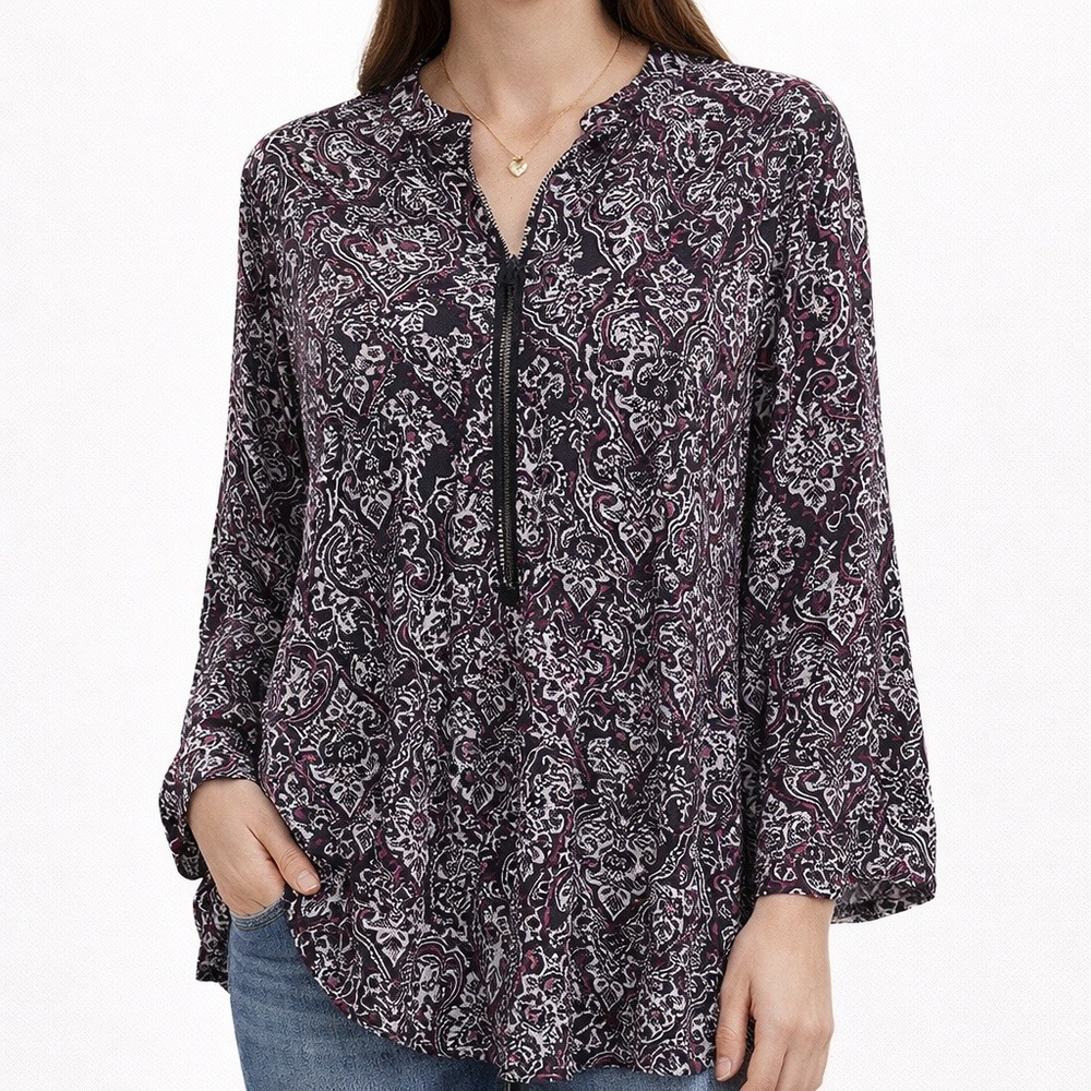 Catherines Womens 4X Black Pink Paisley Half Zip Stretch Knit Top NWT Pockets